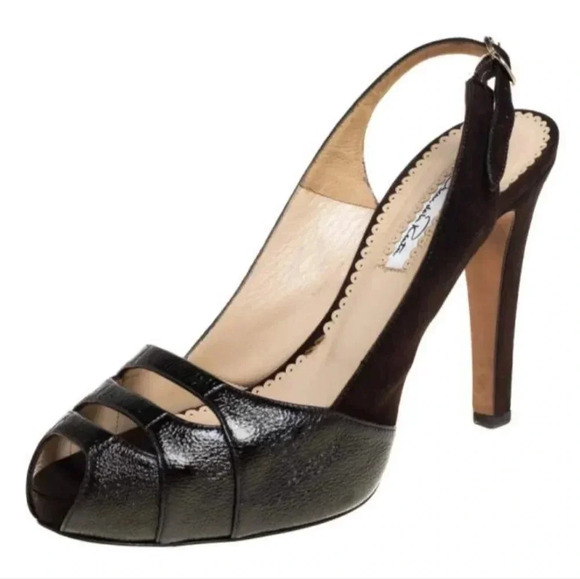 OSCAR DE LA RENTA Black patent leather suede slingback peep-toe heels shoes 6.5 - Picture 2 of 16